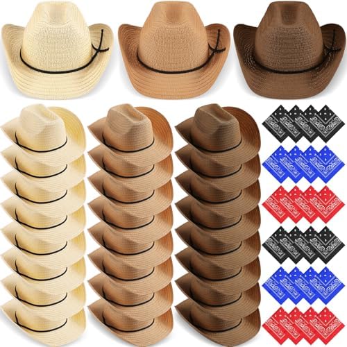 Coume 24 Piece Cowboy Hat and Bandana Set for Summer Halloween Parties