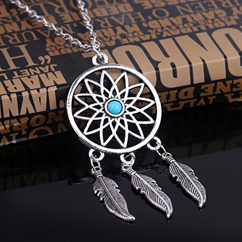 Lauhonmin 3pcs Women Retro Silver Turquoise Feather Dream Catcher Necklace Earrings Set