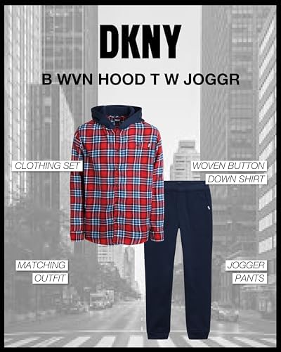 DKNY Boys 2 Piece Woven Button Down Shirt with Hood and Jogger Pants Set