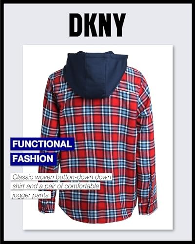 DKNY Boys 2 Piece Woven Button Down Shirt with Hood and Jogger Pants Set