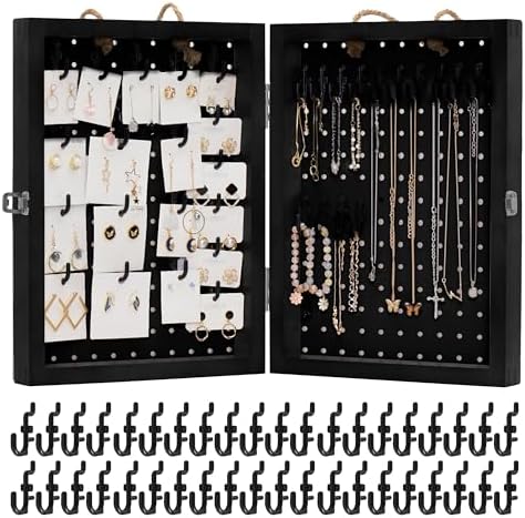 Folding Peg Board Display Stand with 40 Hooks - Jewelry Display for Vendor Events Black