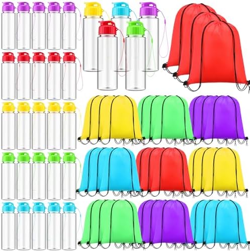 60 Piece Plastic Water Bottle and Drawstring Backpack Set