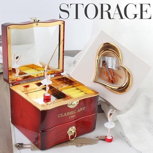 Retro Music Box Jewelry Storage Case with Mirror and Dancing Ballerina