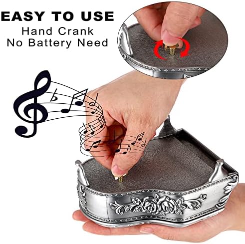 ELLDOO Vintage Piano Music Box Silver Metal Wind Up Jewelry Storage Box