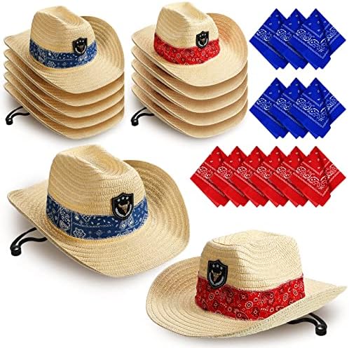 SATINIOR 12-Piece Straw Cowboy Hats and Bandanas Set