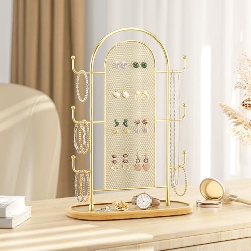 Bussdis Jewelry Tower with 300 Earring Holes 6 Hooks Wood Tray Organizer