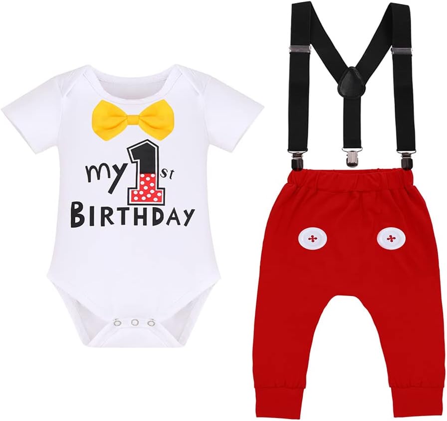 IBTOM CASTLE Baby Boys First Birthday Costume Cake Smash Suspenders Bowtie Mouse Ear Outfit