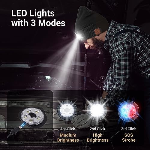 Bluetooth Beanie with Built-in LED Light and Stereo Headphones for Winter Outdoors Unisex Black