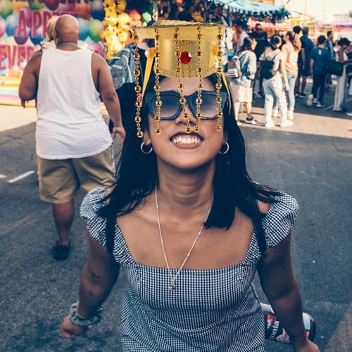 LOGOFUN Ancient Emperor Hat with Beaded Tassel Glitter Prince Hat Adjustable Strap for Cosplay Party Costume Accessories