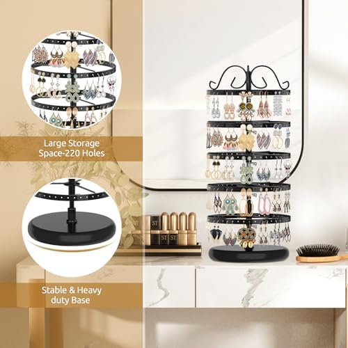MODOWEY 5 Tiers Rotating Earring Holder Organizer Stand with 220 Holes