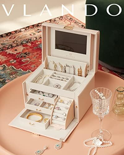 Vlando Jewelry Box Organizer with Mirror and 3 Drawers Pink