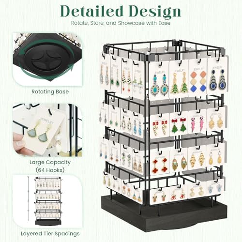 Rotating Earring Display Stand with 64 Hooks