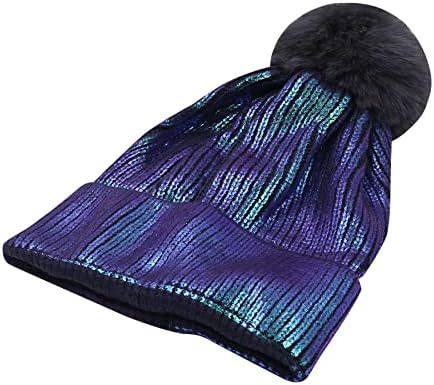 JUMISEE Women Girls Shiny Metallic Knit Beanie Hat Slouchy Winter Skull Cap with Faux Fur Pompom 1