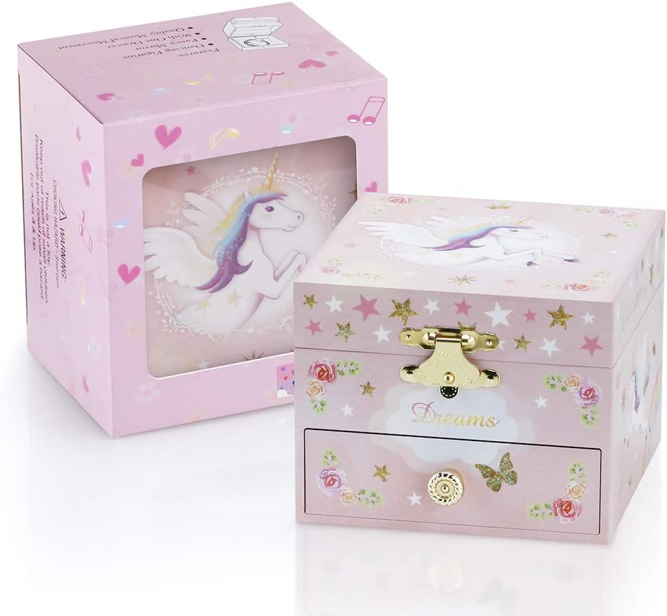 RR Round Rich Design Kids Musical Jewelry Box with Drawer and Unicorn Set - Pink