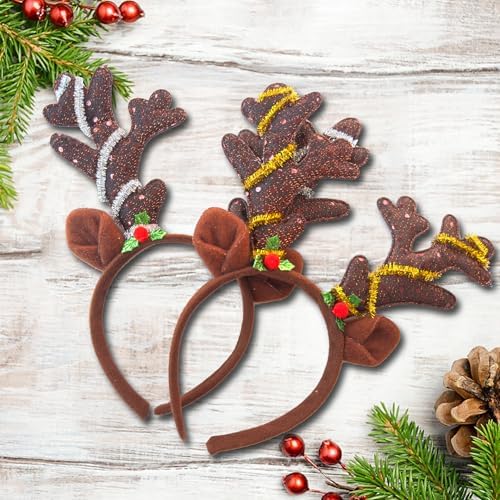 12 Pcs Reindeer Antlers Headband with Glitter Sequins for Christmas Ears