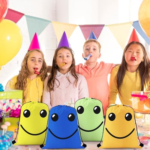 24 Pcs Emoticon Drawstring Backpack for Teens and Kids