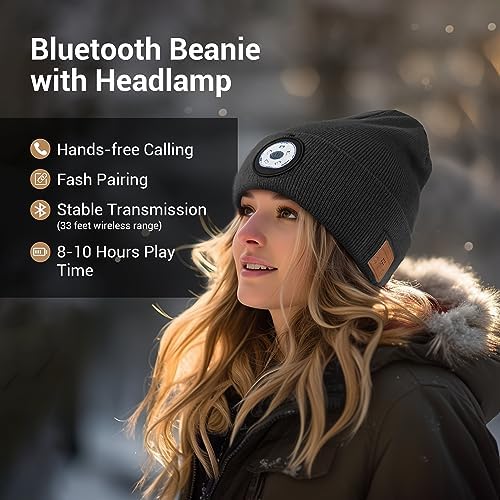 Bluetooth Beanie with Built-in LED Light and Stereo Headphones for Winter Outdoors Unisex Black