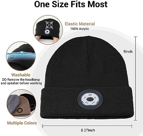 Bluetooth Beanie with Built-in LED Light and Stereo Headphones for Winter Outdoors Unisex Black