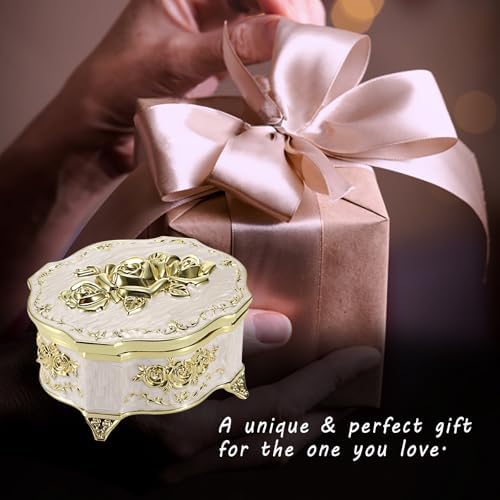 ELLDOO Vintage Music Box Beige Metal Jewelry Storage Organizer