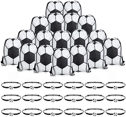 Reginary 18 Pcs Soccer Drawstring Bag and 18 Pcs Soccer Bracelet Set