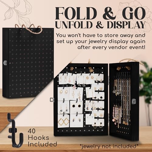 Folding Peg Board Display Stand with 40 Hooks - Jewelry Display for Vendor Events Black