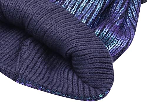 JUMISEE Women Girls Shiny Metallic Knit Beanie Hat Slouchy Winter Skull Cap with Faux Fur Pompom 1