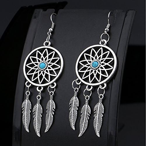 Lauhonmin 3pcs Women Retro Silver Turquoise Feather Dream Catcher Necklace Earrings Set