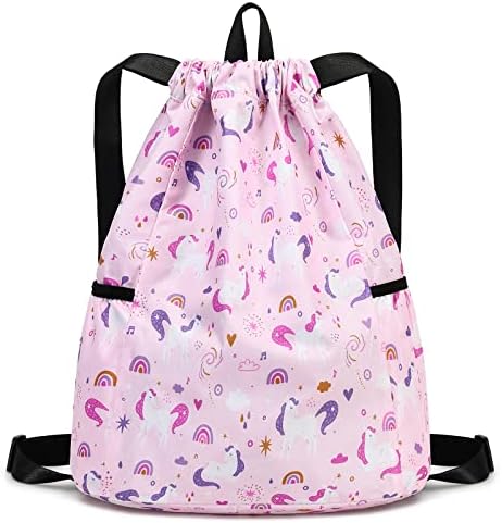 Unicorn Drawstring Backpack for Kids Rainbow Gym Water Resistant