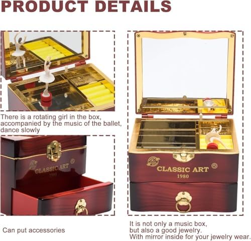 Retro Music Box Jewelry Storage Case with Mirror and Dancing Ballerina