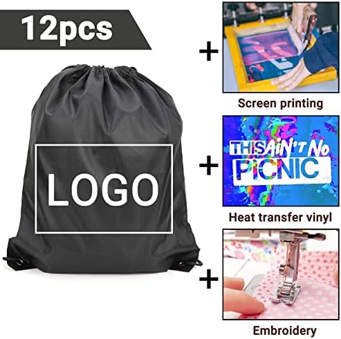 Pack of 12 Black Drawstring Bags for Gym and Travel