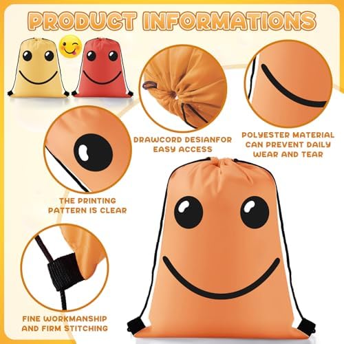 24 Pcs Emoticon Drawstring Backpack for Teens and Kids