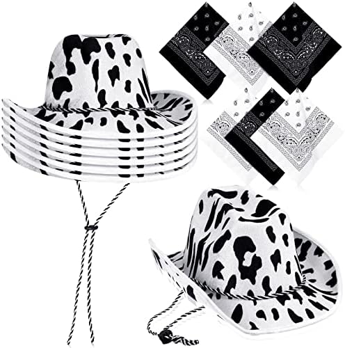 Zhanmai 12-Piece Cow Print Cowboy Hat and Bandana Set for Western Events