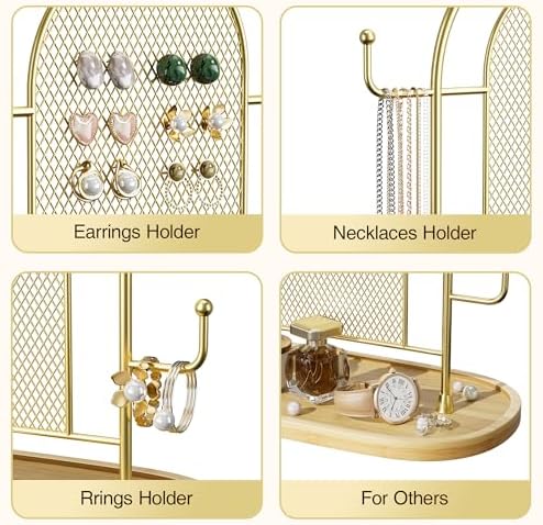 Bussdis Jewelry Tower with 300 Earring Holes 6 Hooks Wood Tray Organizer