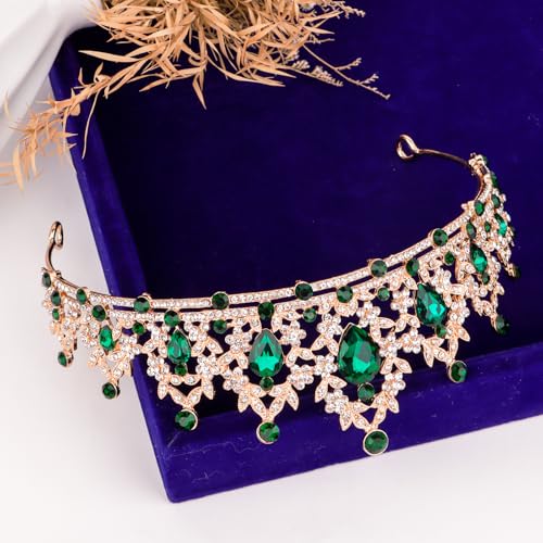 CAVETEE Queen Crown for Women Green Crystal Headband