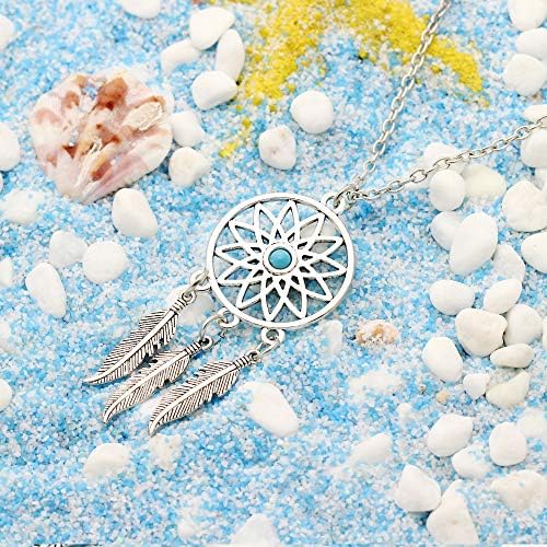 Lauhonmin 3pcs Women Retro Silver Turquoise Feather Dream Catcher Necklace Earrings Set