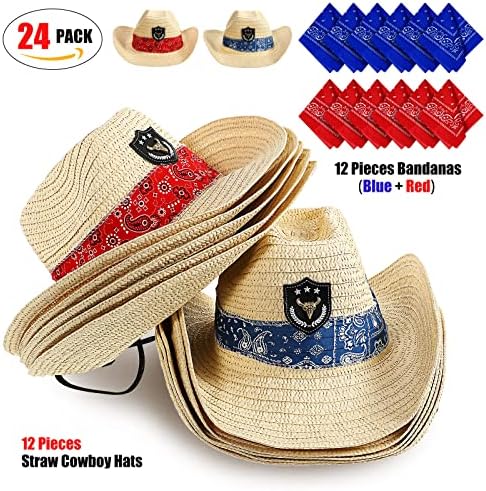 SATINIOR 12-Piece Straw Cowboy Hats and Bandanas Set