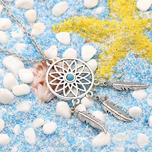 Lauhonmin 3pcs Women Retro Silver Turquoise Feather Dream Catcher Necklace Earrings Set