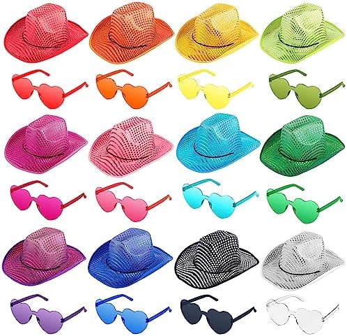 Bonuci Sparkly Cowboy Hat and Heart Sunglasses Party Favor for All Ages