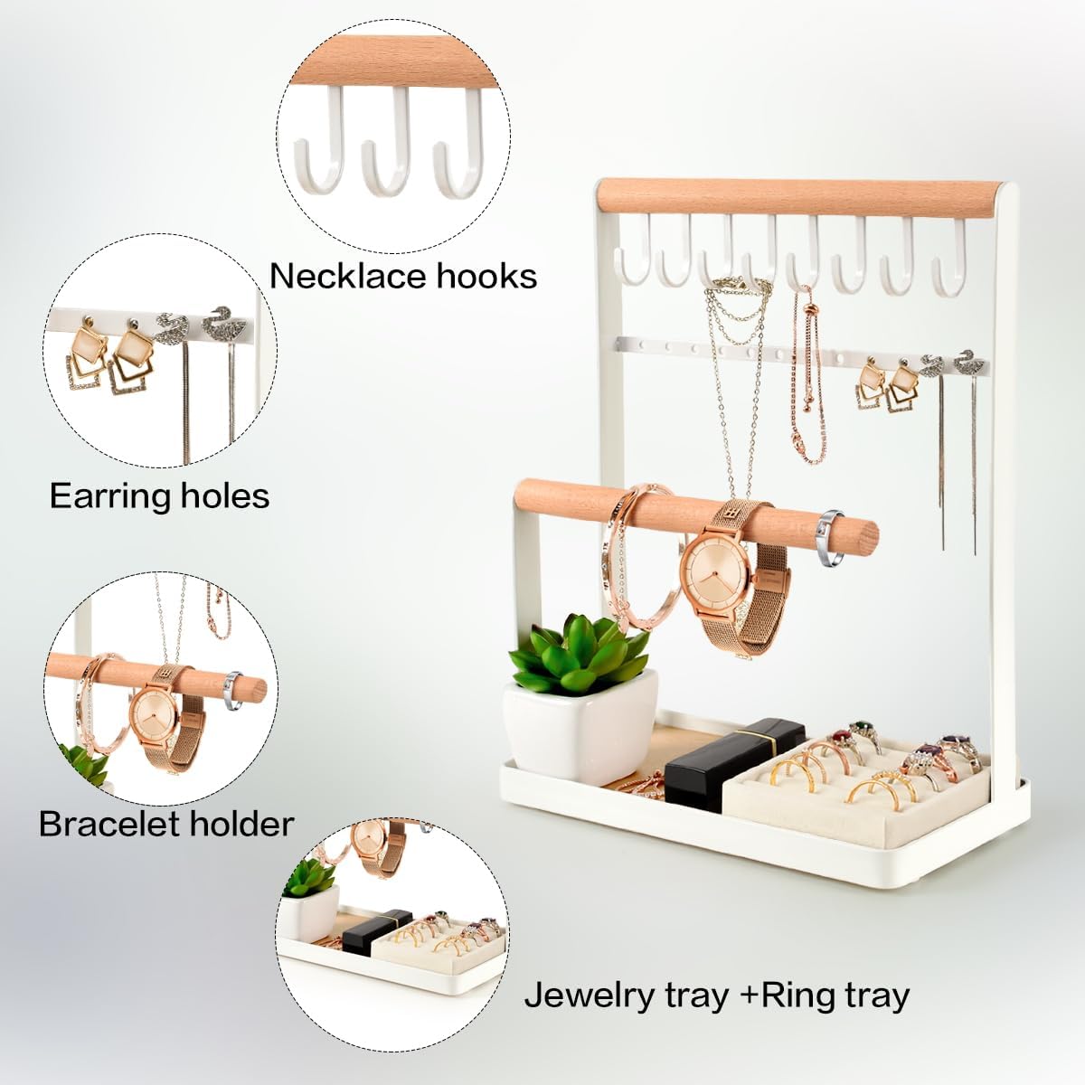PAMANO Jewelry Organizer 4-Tier Wooden Stand Holder with 8 Hooks and 12 Earring Holes