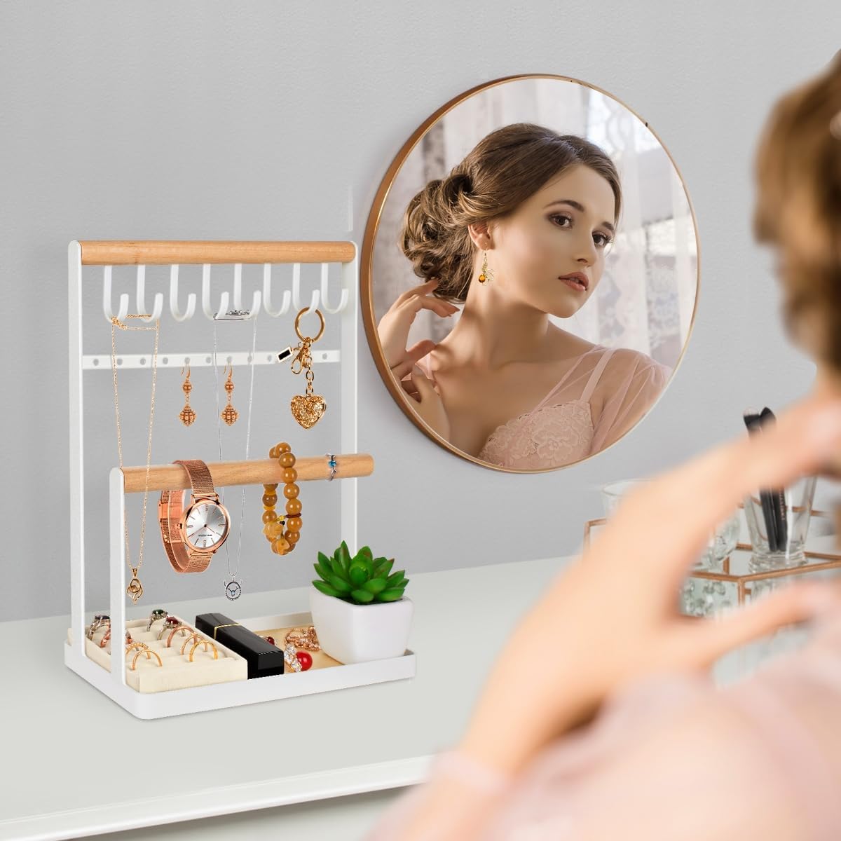 PAMANO Jewelry Organizer 4-Tier Wooden Stand Holder with 8 Hooks and 12 Earring Holes