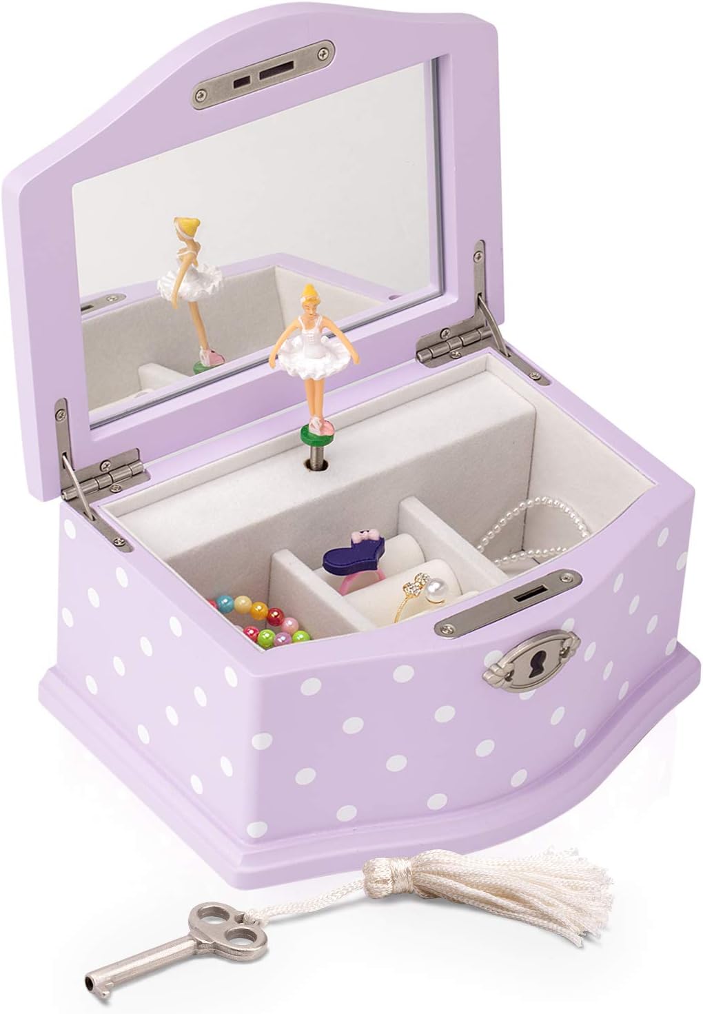 Elle Jewelry Box - Wind-Up Music Box with Ballerina and Mirror Wooden Storage for Girls and Teens