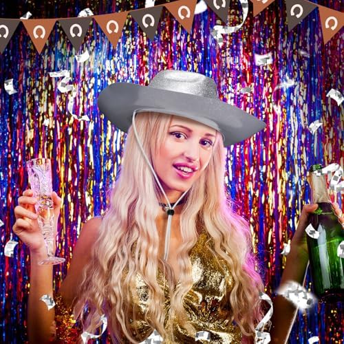 Shyyween Glitter Wide Brimmed Cowgirl Party Hat Set for Men Women