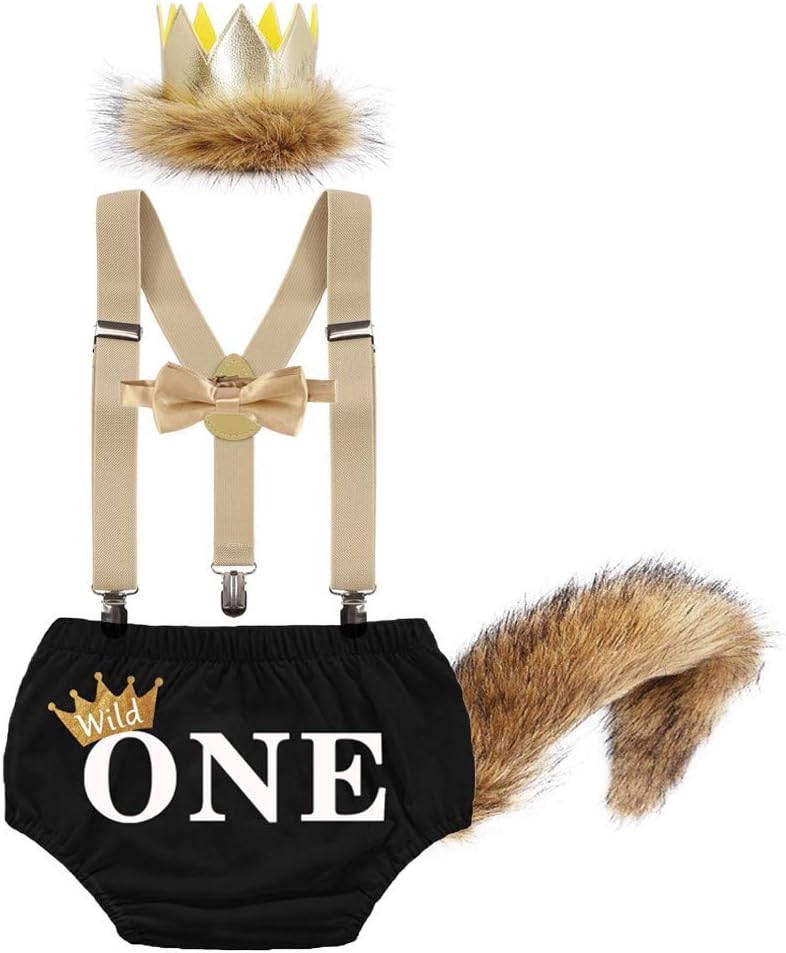 Wild One Baby Boys Cake Smash First Birthday Outfit Nappy Cover Suspenders Bowtie Crown Costume