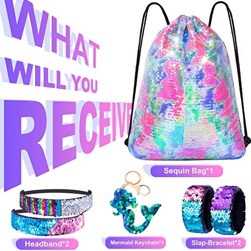 GAEN Mermaid Reversible Sequin Drawstring Backpack for Kids Girls One Size