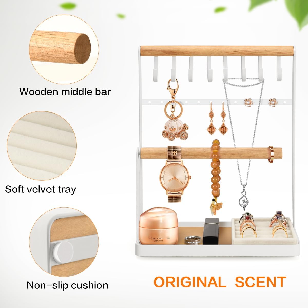 PAMANO Jewelry Organizer 4-Tier Wooden Stand Holder with 8 Hooks and 12 Earring Holes