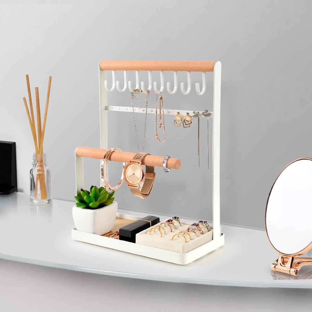 PAMANO Jewelry Organizer 4-Tier Wooden Stand Holder with 8 Hooks and 12 Earring Holes