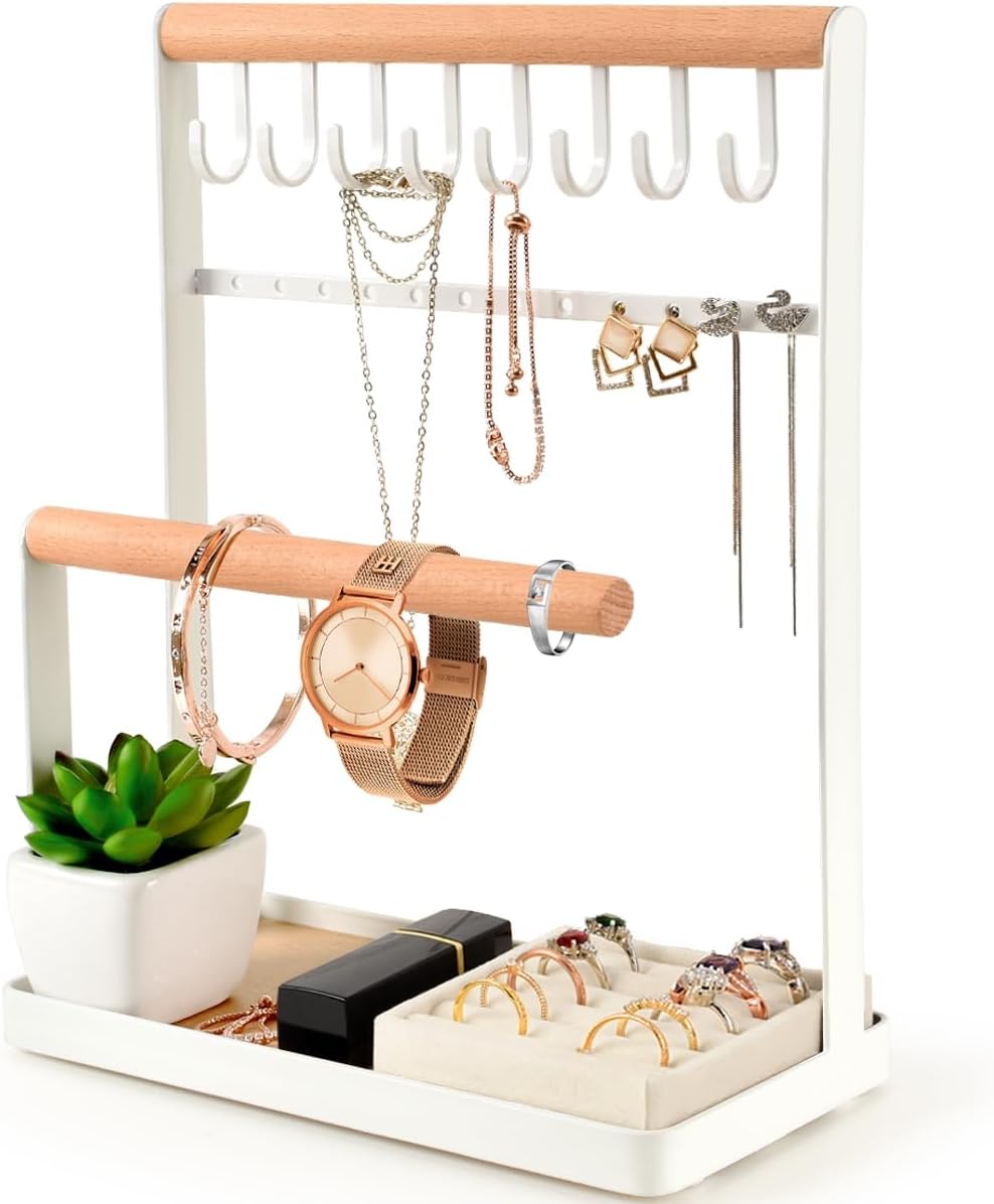 PAMANO Jewelry Organizer 4-Tier Wooden Stand Holder with 8 Hooks and 12 Earring Holes