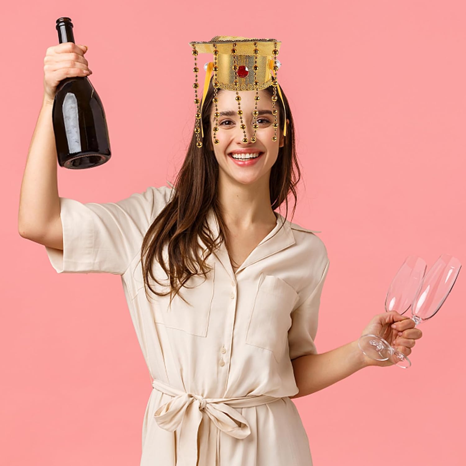 LOGOFUN Ancient Emperor Hat with Beaded Tassel Glitter Prince Hat Adjustable Strap for Cosplay Party Costume Accessories