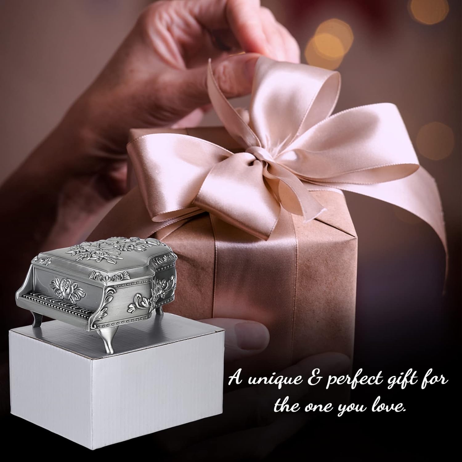 ELLDOO Vintage Piano Music Box Silver Metal Wind Up Jewelry Storage Box