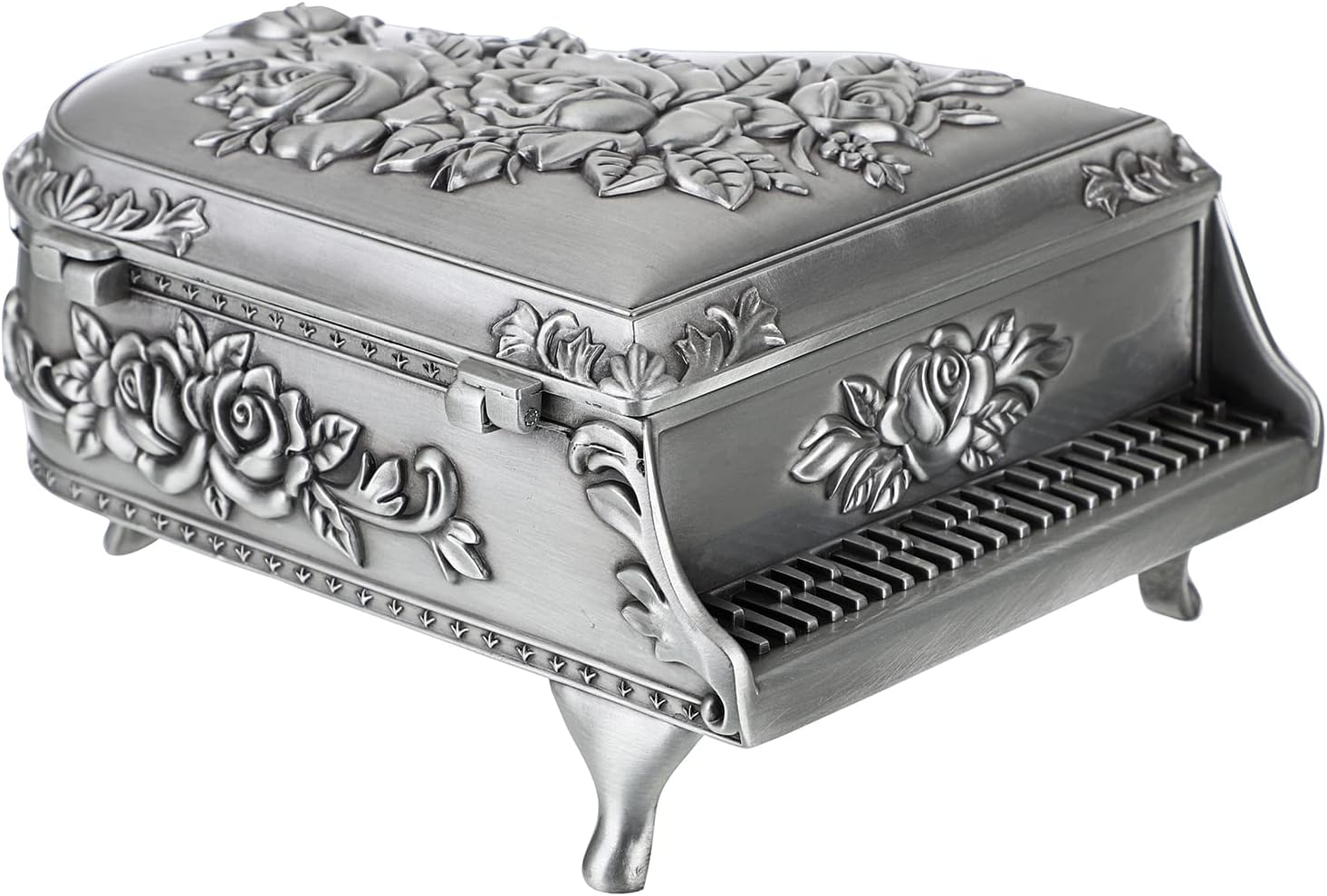 ELLDOO Vintage Piano Music Box Silver Metal Wind Up Jewelry Storage Box